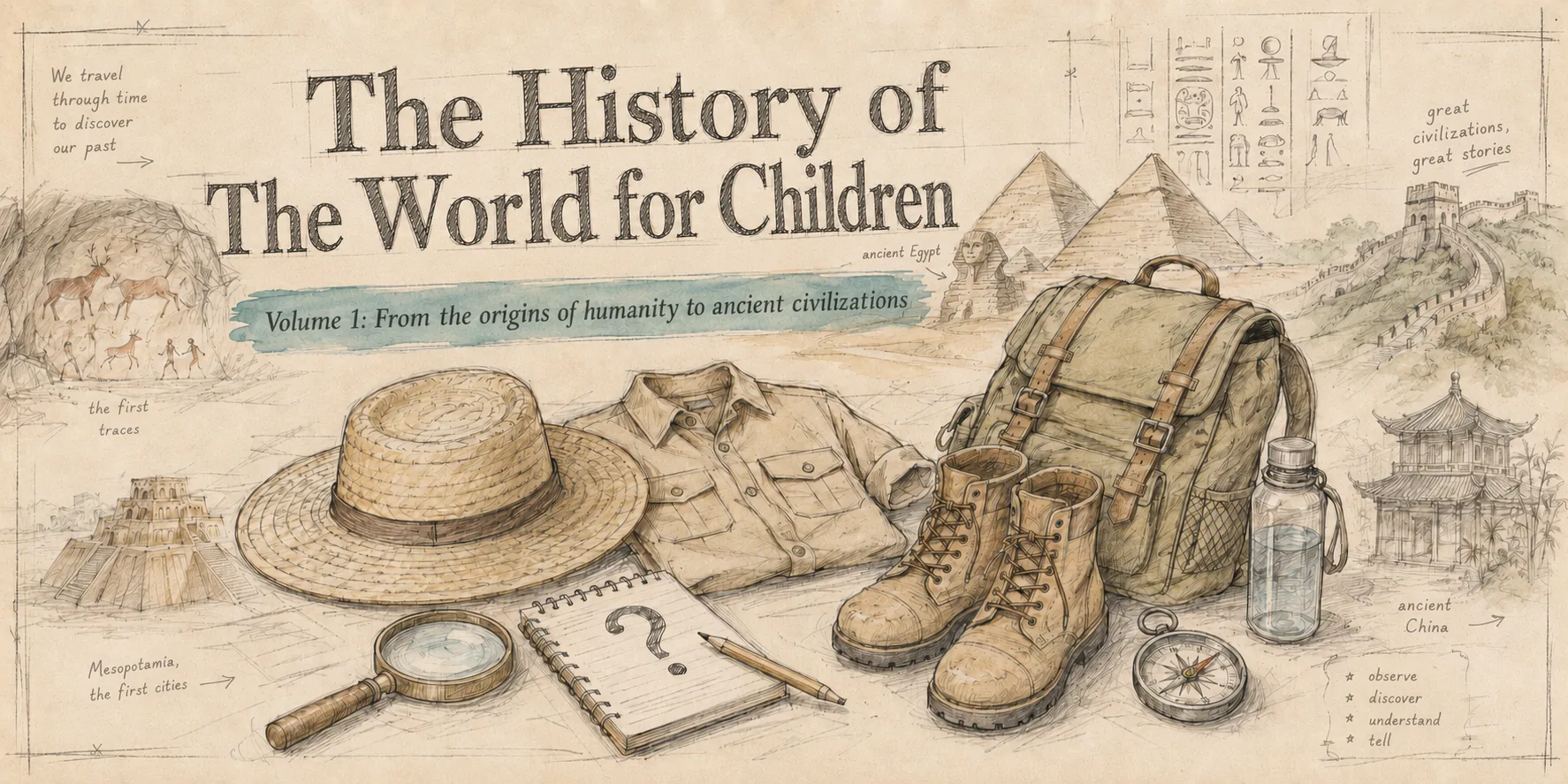 Full-page illustration: the young explorer's kit — straw hat, notebook, compass — surrounded by the ancient civilizations