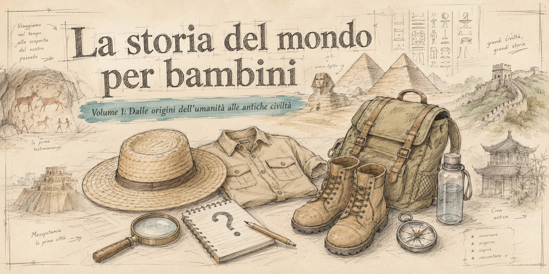 Ilustración a página completa: el equipo del joven explorador — sombrero de paja, cuaderno, brújula — rodeado por las civilizaciones antiguas