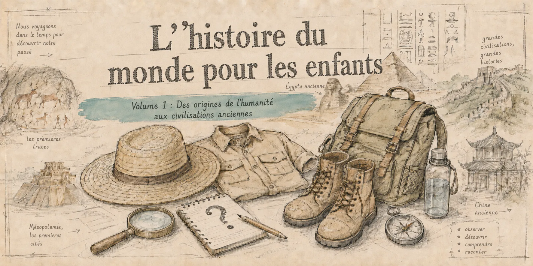 Illustration pleine page : l'équipement du jeune explorateur — chapeau de paille, carnet, boussole — entouré des civilisations anciennes