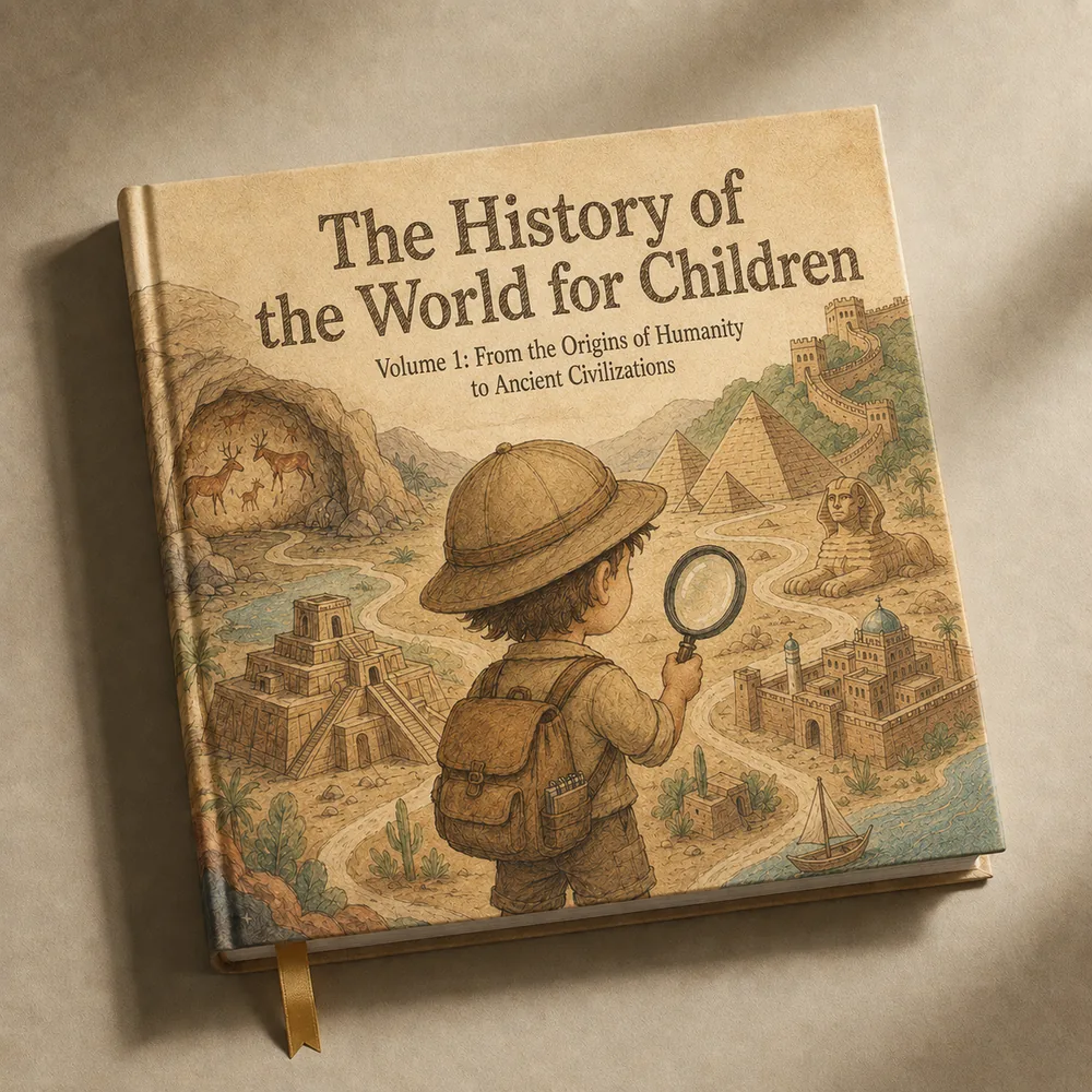 The cover of “The History of the World for Children”, Volume 1: a young explorer with a magnifying glass looking out over the ancient civilizations