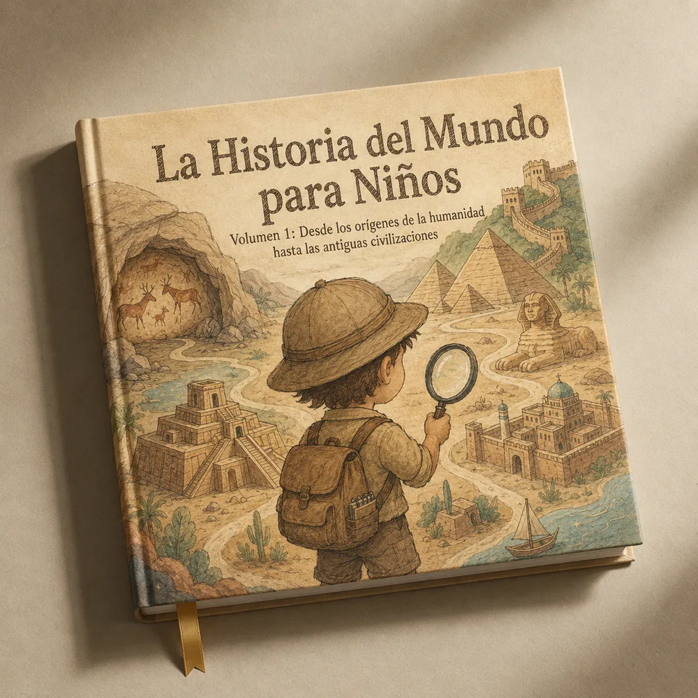 La cubierta de «La Historia del Mundo para Niños», Volumen 1: un joven explorador con lupa contempla las civilizaciones antiguas