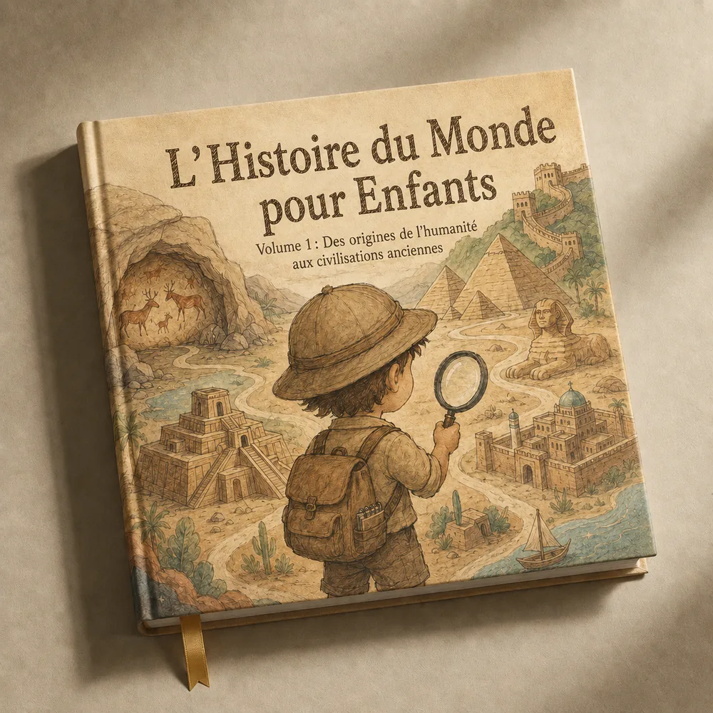 La couverture de « L'Histoire du Monde pour Enfants », Volume 1 : un jeune explorateur à la loupe contemple les civilisations anciennes