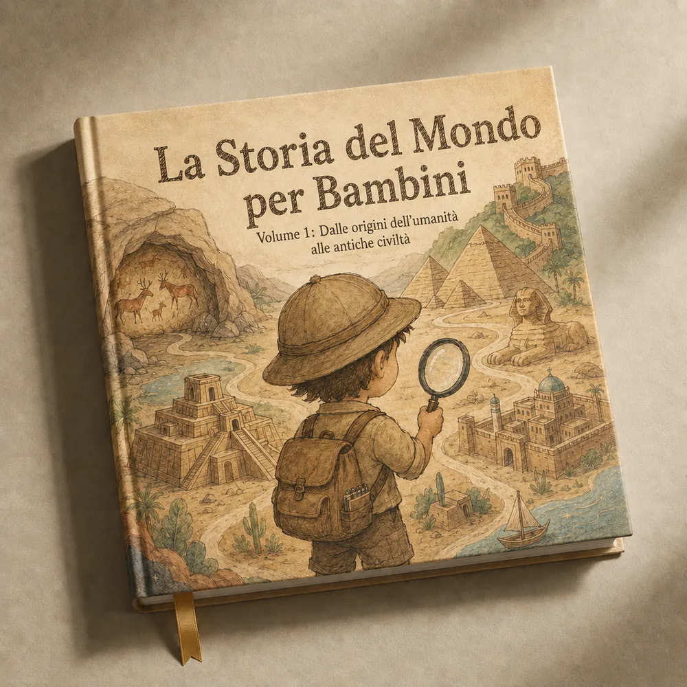 La copertina del libro «La Storia del Mondo per Bambini», Volume 1: un giovane esploratore con lente d'ingrandimento osserva le civiltà antiche