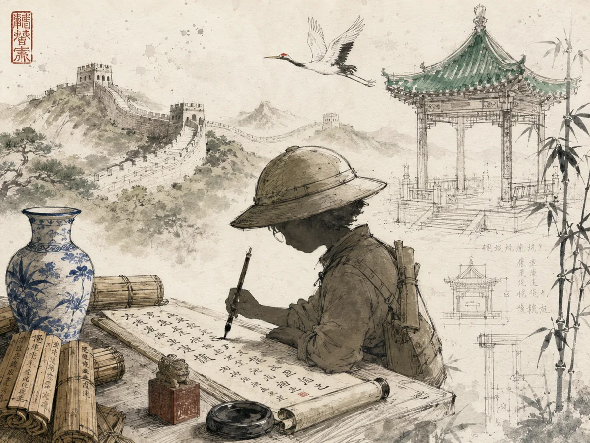 Illustration: the young explorer practises Chinese calligraphy, with the Great Wall and a pavilion in the background
