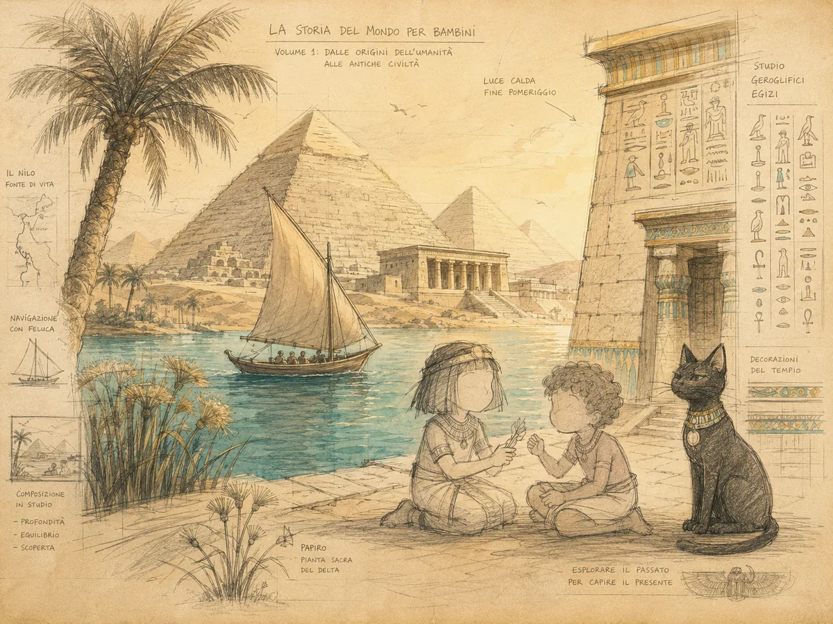 Illustration: the pyramids and a felucca on the Nile, with Egyptian children and a sacred cat in the foreground