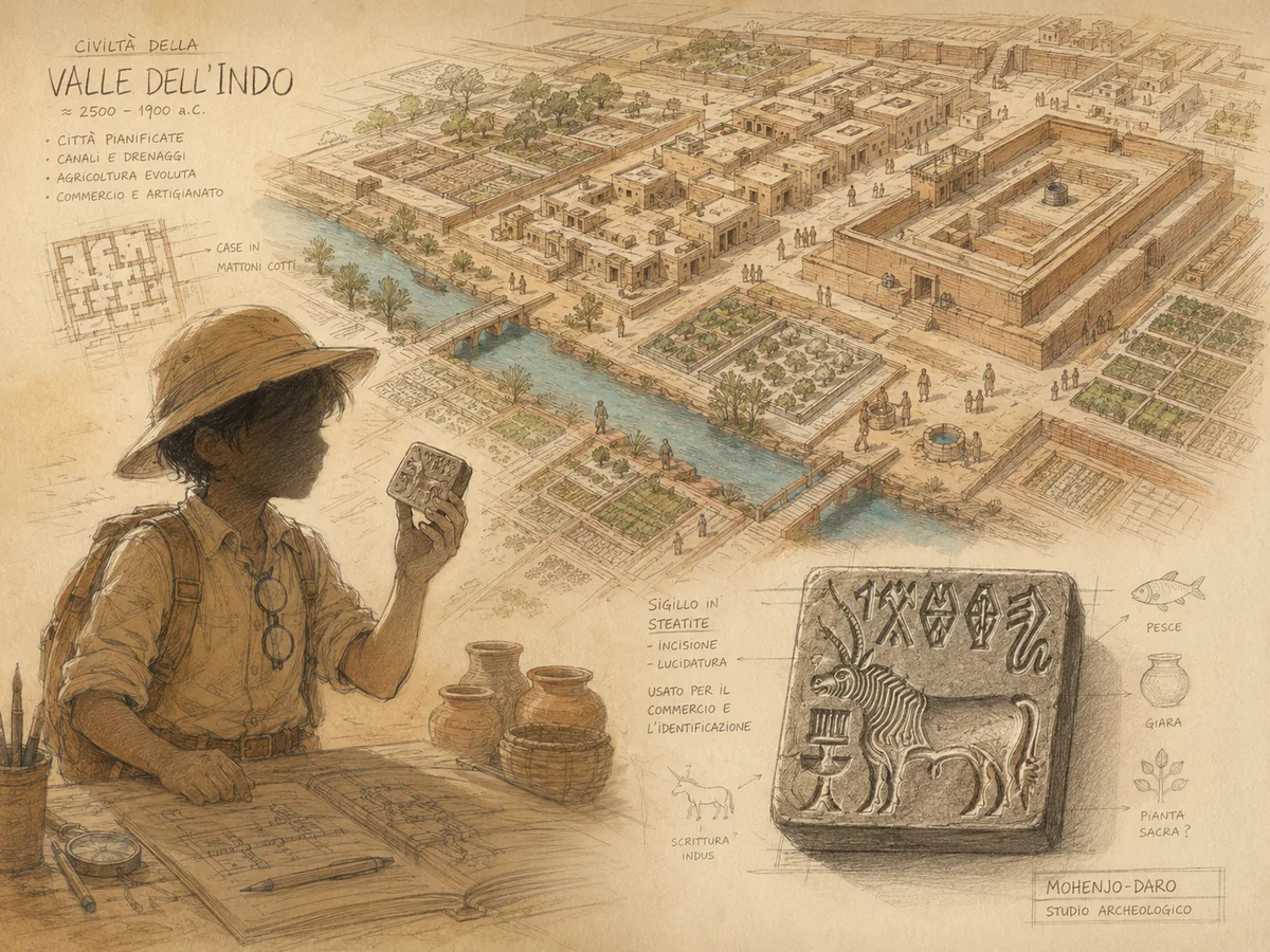 Illustration: the city of Mohenjo-Daro seen from above, and a steatite seal studied by the young explorer