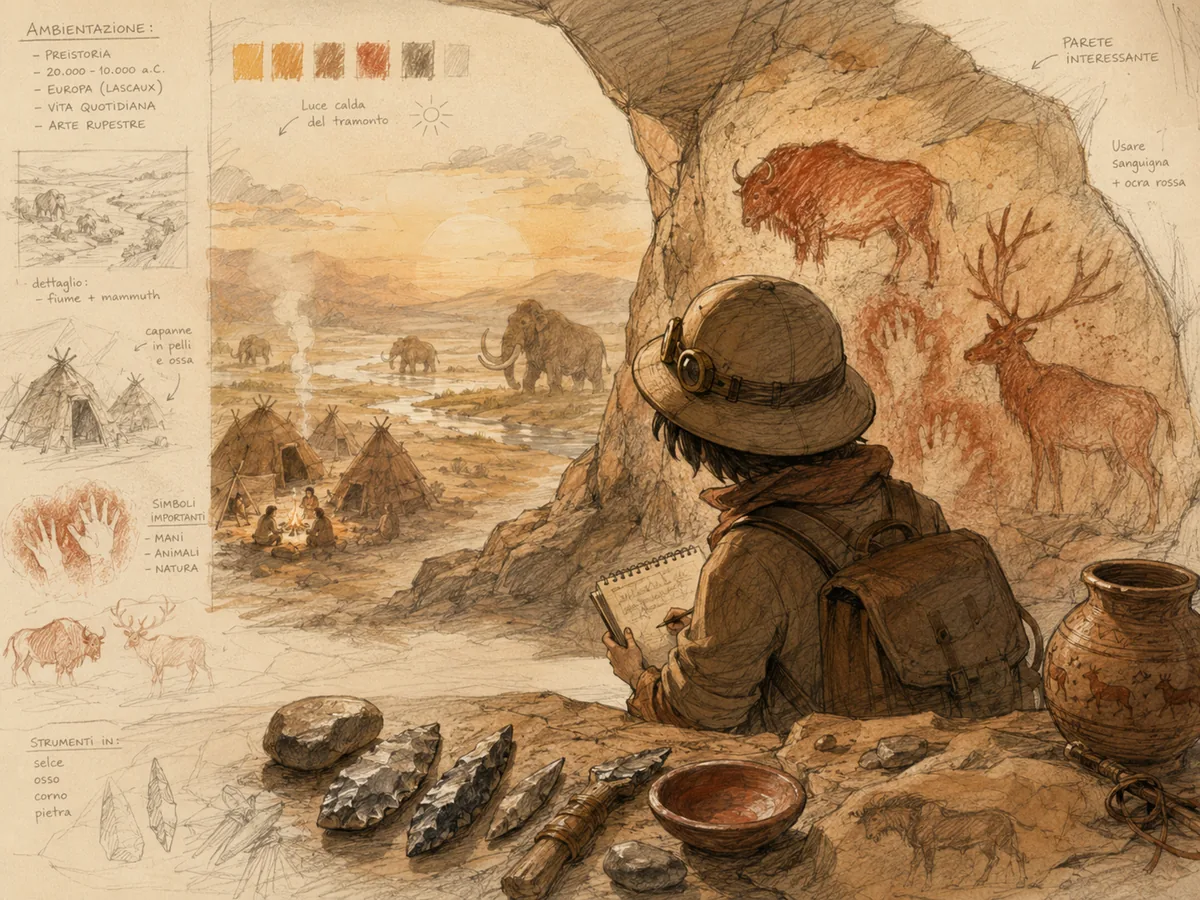 Illustration: a young explorer sketches cave paintings inside a prehistoric cave, with mammoths in the background