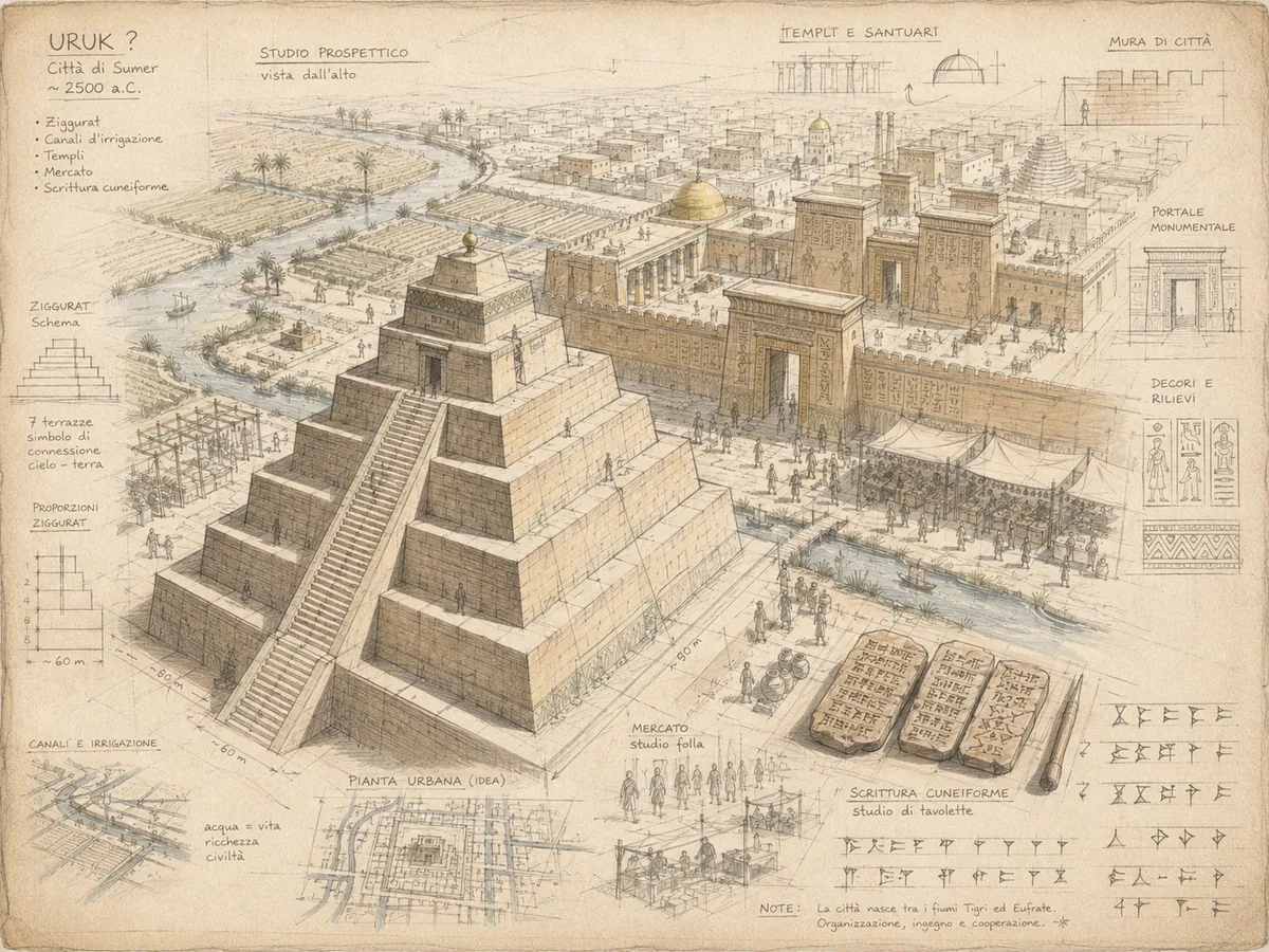 Illustration: the ziggurat of Uruk, the city walls and tablets with cuneiform writing