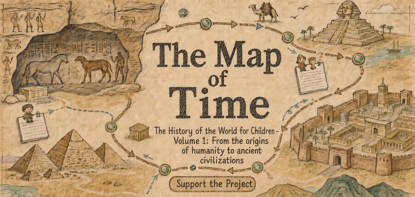The Map of Time: the illustrated route of Volume 1, from prehistoric caves to the ancient civilizations — click to support the project on Ulule