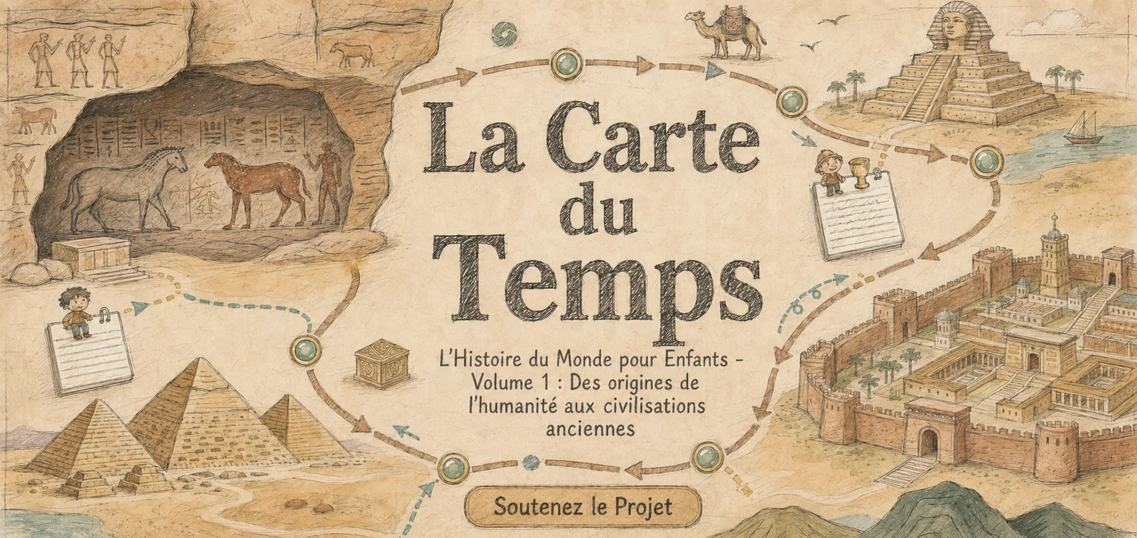 La Carte du Temps : le parcours illustré du Volume 1, des grottes préhistoriques aux civilisations anciennes — cliquez pour soutenir le projet sur Ulule
