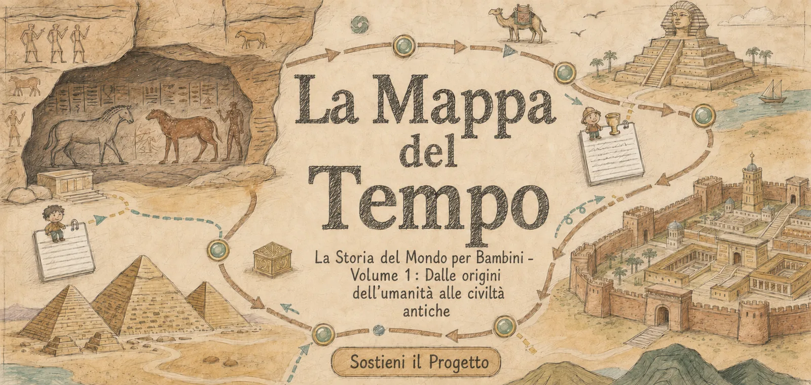 La Mappa del Tempo: il percorso illustrato del Volume 1, dalle caverne preistoriche alle civiltà antiche — clicca per sostenere il progetto su Ulule